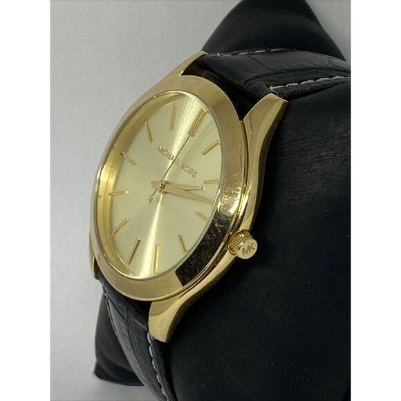 Michael Kors MK3221 Women's Black Leather Analog Gold Dial Quartz Watch JK121 - Picture 4 of 12